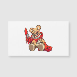evil teddy bear covered in blood and holding a kni