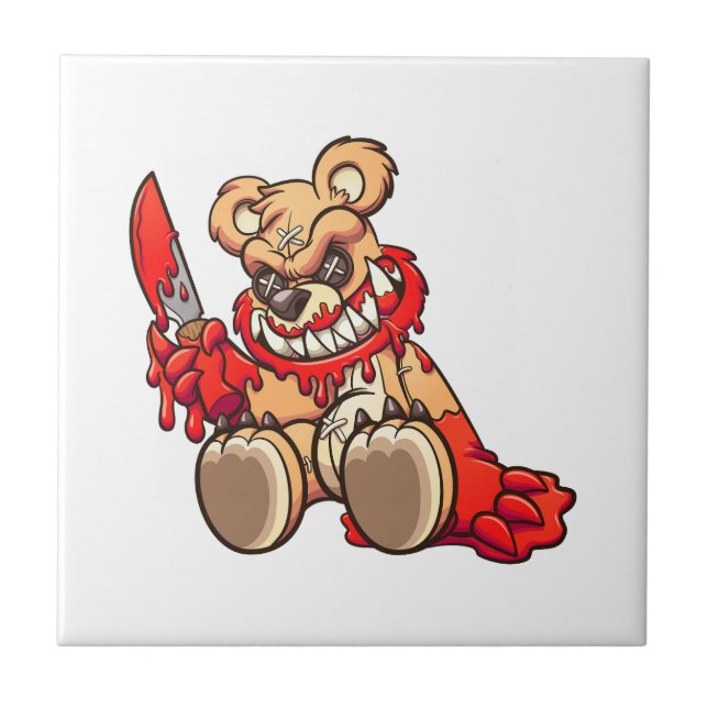 evil teddy bear covered in blood and holding a kni tile (Front)