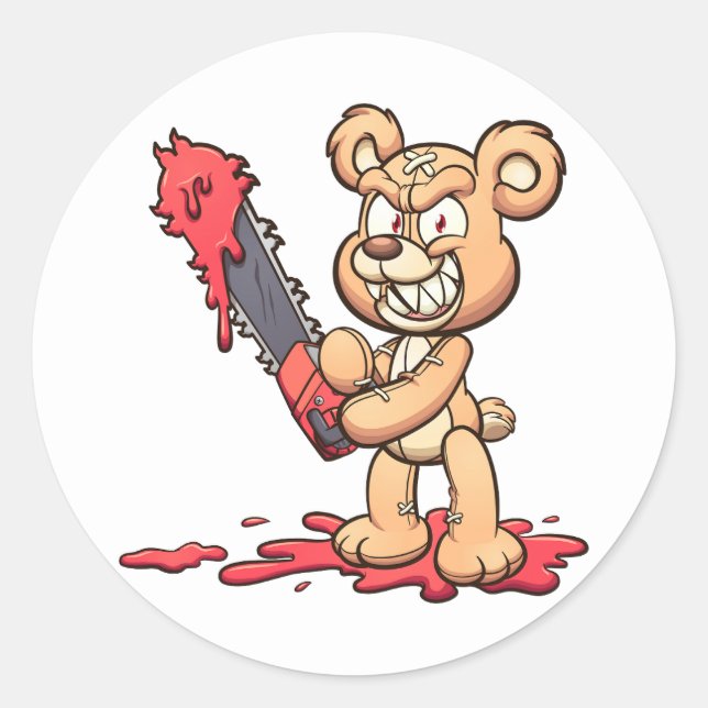 evil teddy bear holding a chainsaw and smiling classic round sticker (Front)