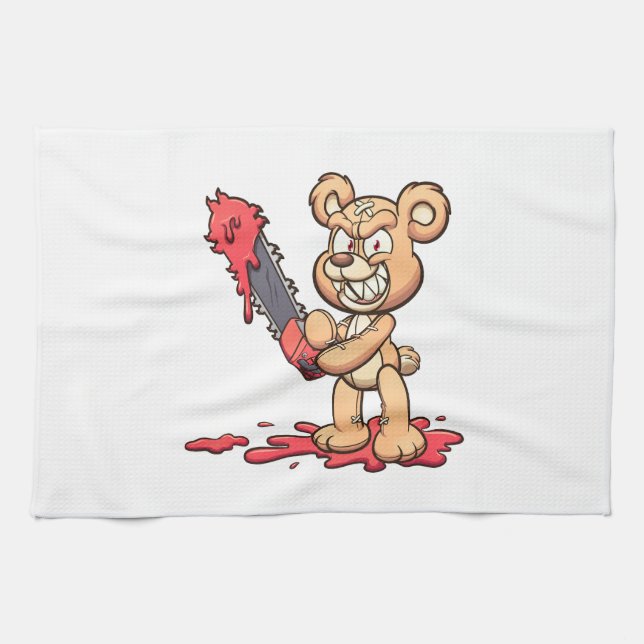 evil teddy bear holding a chainsaw and smiling tea towel (Horizontal)