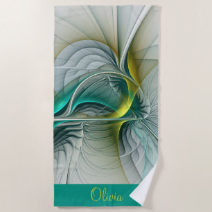 Evolution, Golden Turquoise Abstract With Name Beach Towel