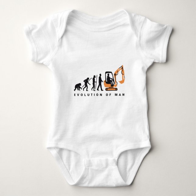 evolution of man excavator driver baby bodysuit (Front)