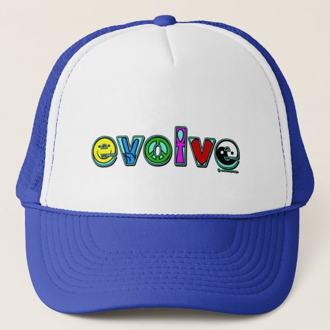 EVOLVE with Six Symbols of Peace and Progress Trucker Hat (Front)