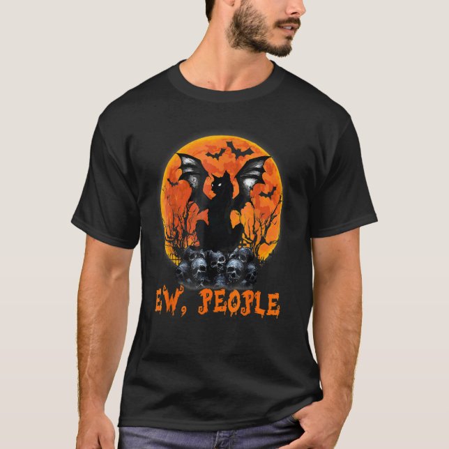 Ew People Black Cat Bat Wings Halloween Spooky Cos T-Shirt (Front)