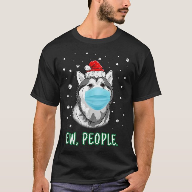 Ew People Christmas Husky Dog Wearing Mask Santa H T-Shirt (Front)