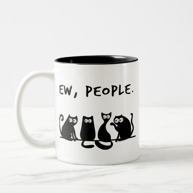 Ew People Funny Meowy Black Cats Two-Tone Coffee Mug (Left)