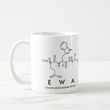 Mug featuring the name Ewa spelled out in the single letter amino acid code
