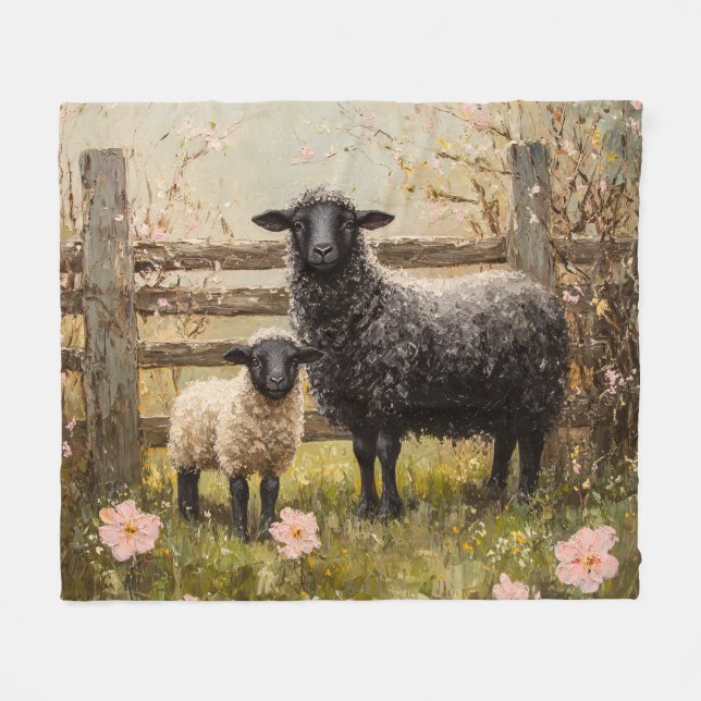 Ewe and Lamb Spring Sheep Art Fleece Blanket (Front (Horizontal))