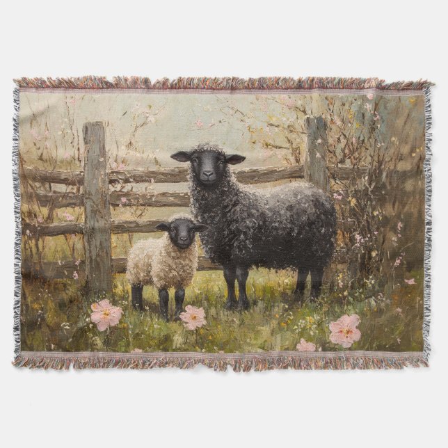 Ewe and Lamb Spring Sheep Art Throw Blanket (Front)