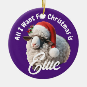 Ewe Wearing Santa Hat Purple Christmas Ceramic Tree Decoration