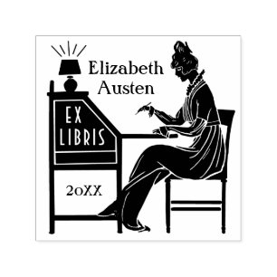 Ex Libris Bookplate Deco Lady Writing Desk Custom Self-inking Stamp