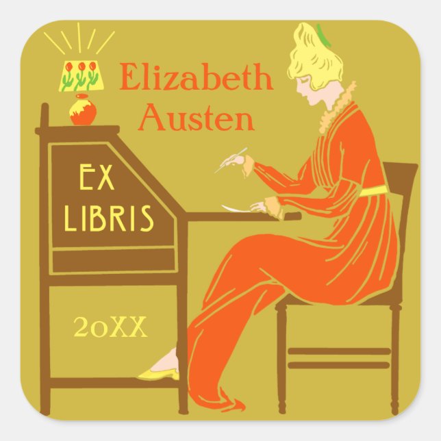 Ex Libris Bookplate Deco Lady Writing Desk Custom Square Sticker (Front)
