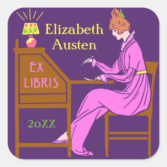 Ex Libris Bookplate Deco Lady Writing Desk Custom Square Sticker (Front)