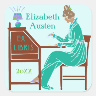 Ex Libris Bookplate Deco Lady Writing Desk Custom Square Sticker