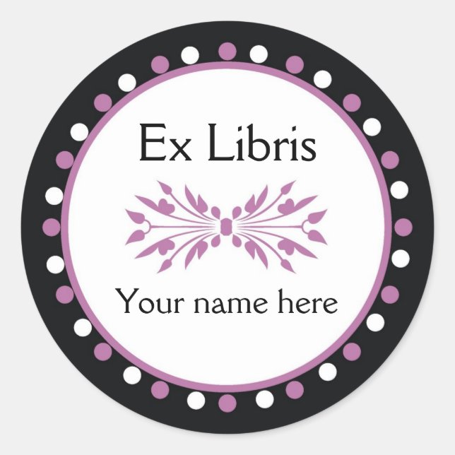 Ex Libris Bookplate -white Purple Polka Dots Classic Round Sticker (Front)