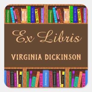 Ex Libris Library Bookshelf Readers Book Bookplate Square Sticker