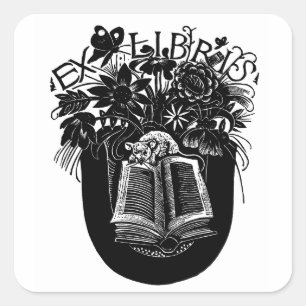 Ex Libris Mouse & Book Square Sticker