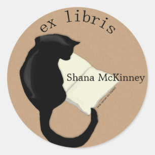 Ex Libris Reading Cat Rounded Bookplate Classic Round Sticker