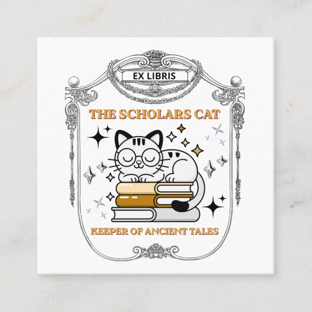 Ex Libris Scholar Cat Dark Academia Square Business Card (Front)