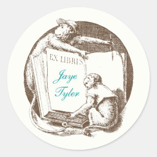 Ex Libris Vintage Monkeys Bookplate Classic Round Sticker
