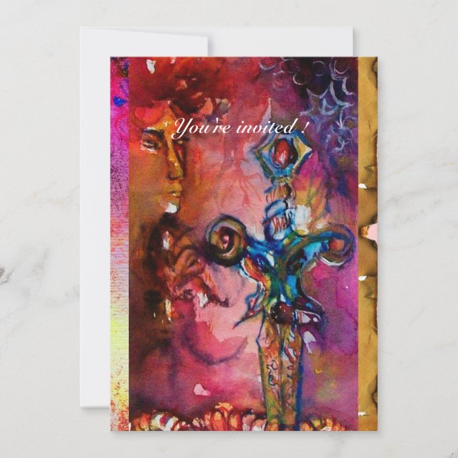 EXCALIBUR 1, bright red ,pink purple parchment Invitation (Front)