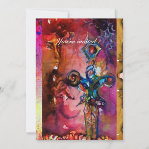EXCALIBUR 1, bright red ,pink purple parchment Invitation