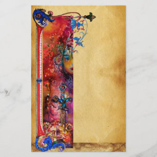 EXCALIBUR .ANTIQUE RED BLUE FLORAL PARCHMENT STATIONERY