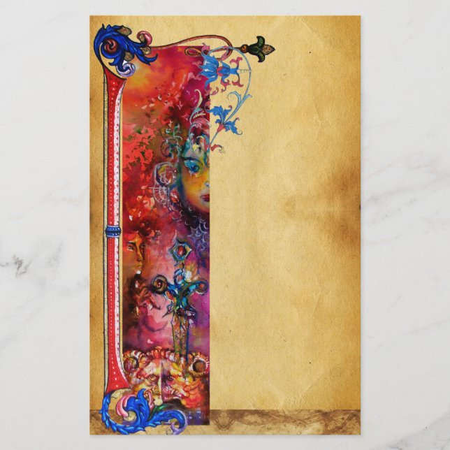 EXCALIBUR .ANTIQUE RED BLUE FLORAL PARCHMENT STATIONERY (Front)