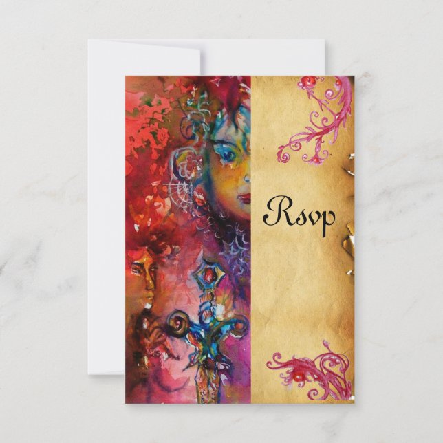 EXCALIBUR , bright red ,blue parchment rsvp Card (Front)