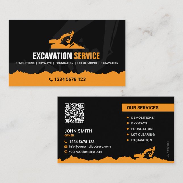 Excavating, Land clearing, Construction Business Card (Front/Back)