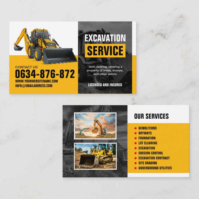 Excavating, Land clearing, Construction Business Card (Front/Back)