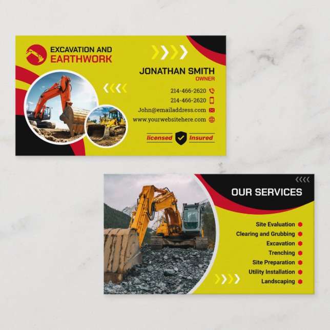Excavating, Land clearing, Construction, Earthwork Business Card (Front/Back)