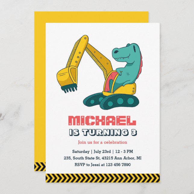 Excavator Builder Construction Dino Kids Birthday Invitation (Front/Back)