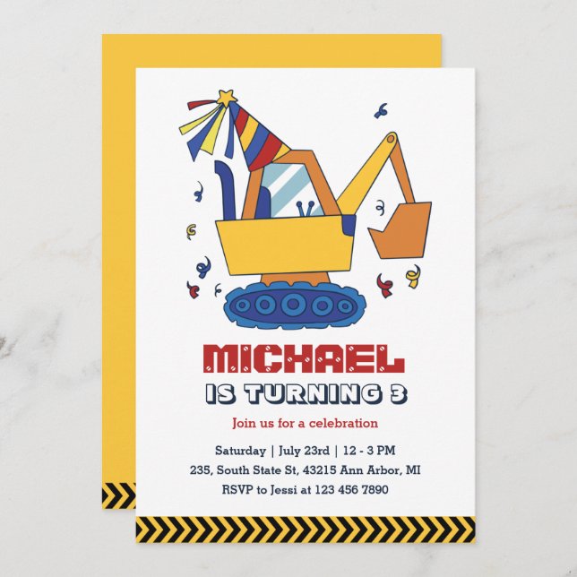 Excavator Builder Construction Kids Boys Birthday Invitation (Front/Back)