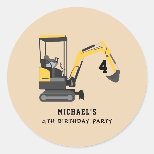 Excavator Construction 4th Birthday Custom Classic Round Sticker (Front)