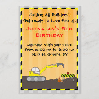 Excavator Construction Birthday Invitation