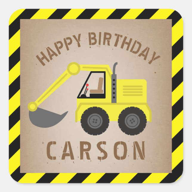 Excavator Construction Birthday Square Sticker (Front)
