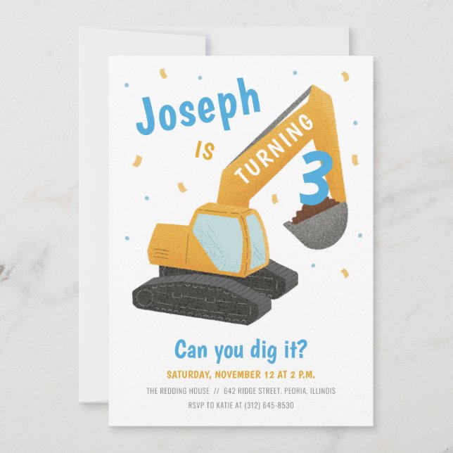 Excavator Construction Blue Kids Birthday Party Invitation (Front)
