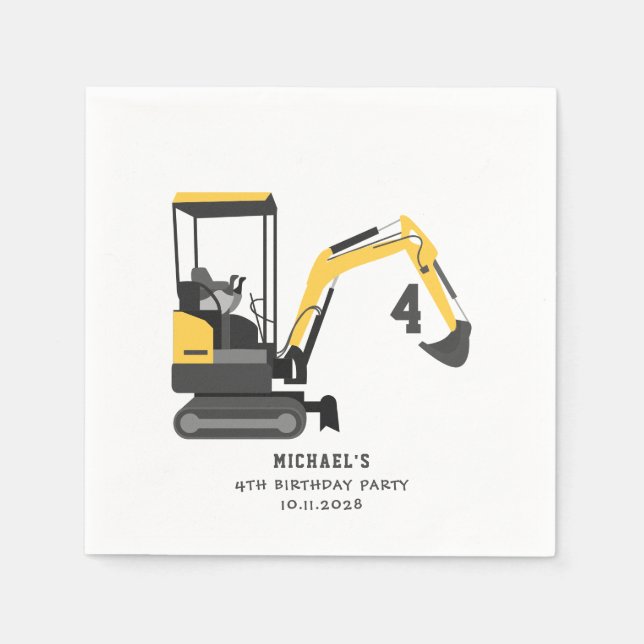 Excavator Construction Builder Any Age Birthday Napkin (Front)