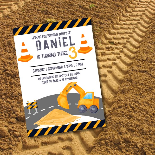 Excavator Construction Cone Kids Birthday Party Invitation (Excavator Construction Cone Kids Birthday Party Invitation (front side))