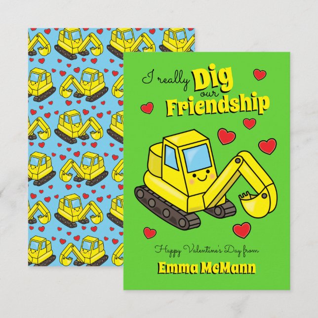 Excavator Construction Digger Classroom Valentine Thank You Card (Front/Back)