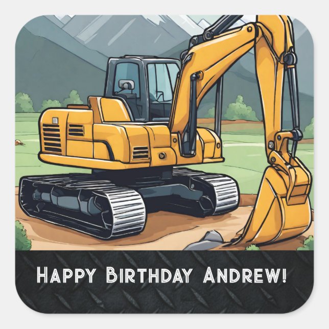 Excavator Construction Equipment Digger Birthday  Square Sticker (Front)