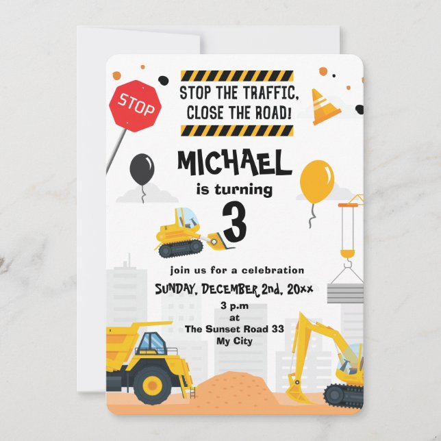 Excavator Construction Kids Birthday Invitation (Front)