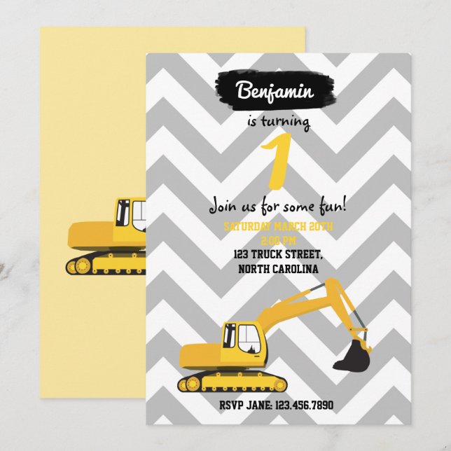 Excavator Construction Truck Birthday Invitation (Front/Back)