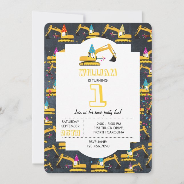 Excavator Construction Truck Birthday Party  Invitation (Front)