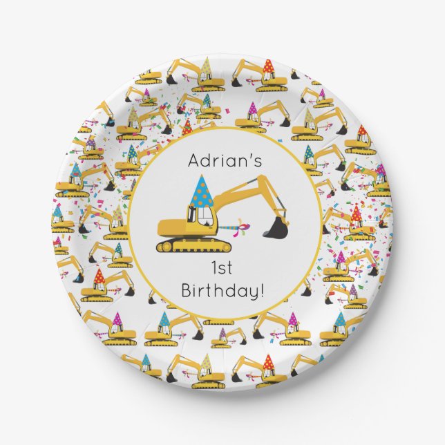 Excavator Construction Truck Birthday Party  Paper Plate (Front)