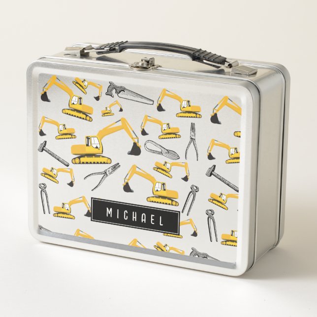 Excavator Construction Trucks and Tools Boys Name Metal Lunch Box (Front)