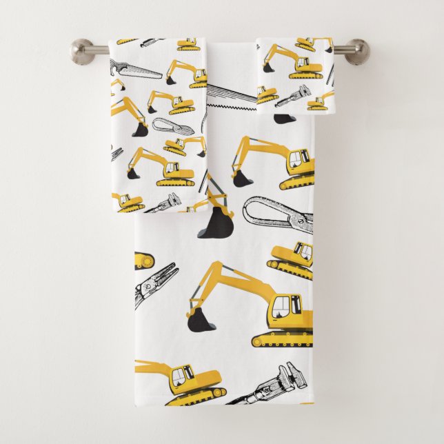 Excavator Construction Trucks and Tools Pattern Bath Towel Set (Insitu)