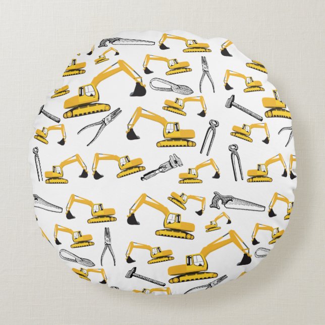 Excavator Construction Trucks and Tools Pattern Round Cushion (Front)