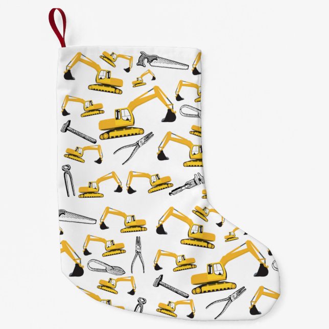Excavator Construction Trucks and Tools Pattern Small Christmas Stocking (Front)